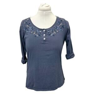 Merona Womens Embroidered Henley Shirt Size L 100% Cotton Gray/Light Blue